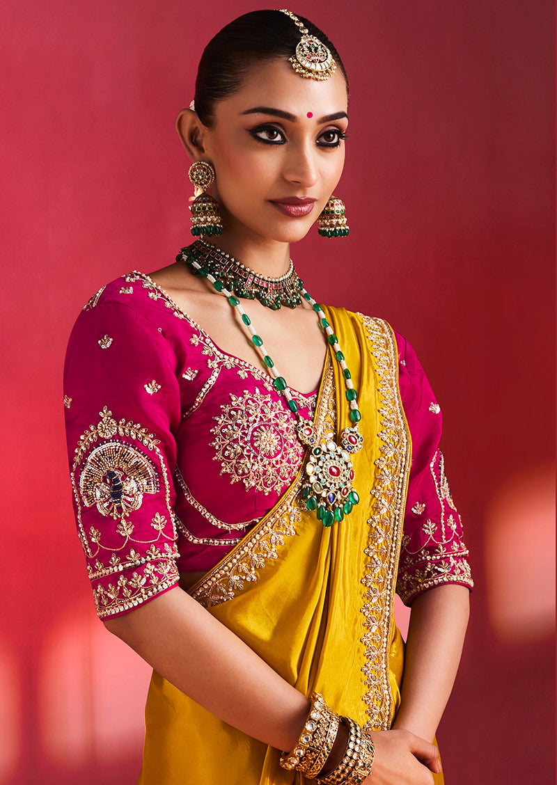 Mustard Yellow Silk Blend Saree with Rani Pink Blouse, blouse front
