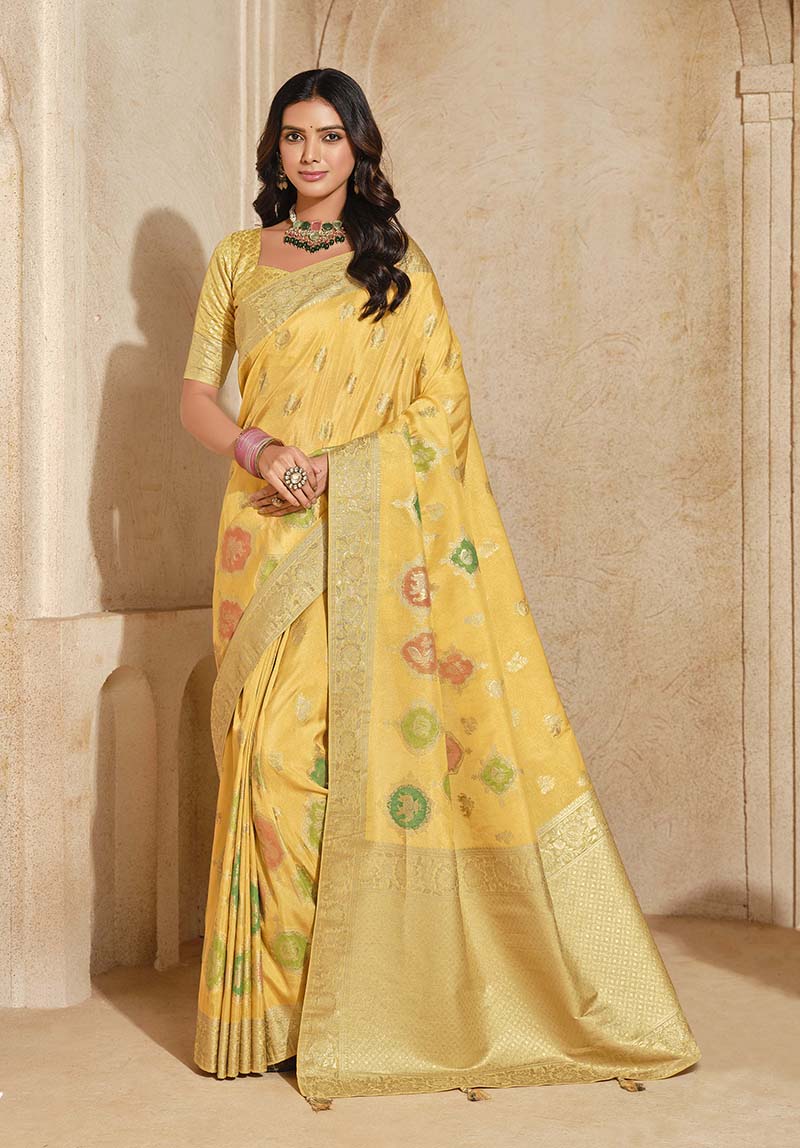 Yellow Silk Blend Saree with Woven Zari Motifs, front
