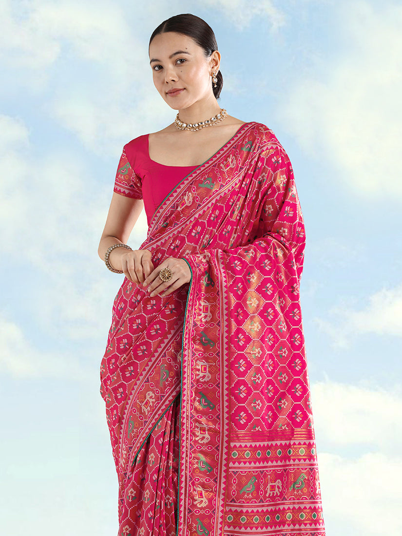 Rani Pink Patola-Style Satin Saree with Elephant Motifs, three-quarter view