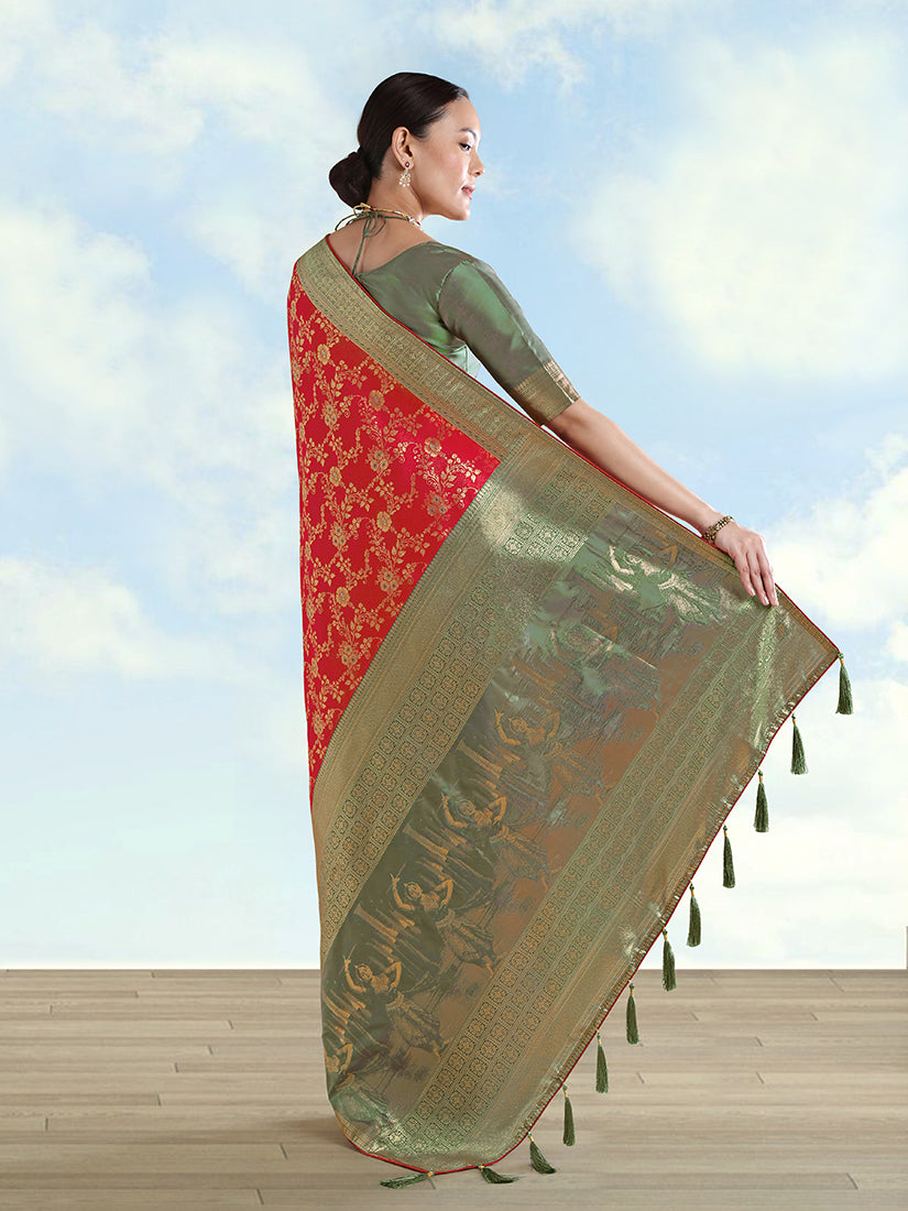 Red Banarasi-Style Silk Blend Saree with Dancer Motif Pallu, back with pallu