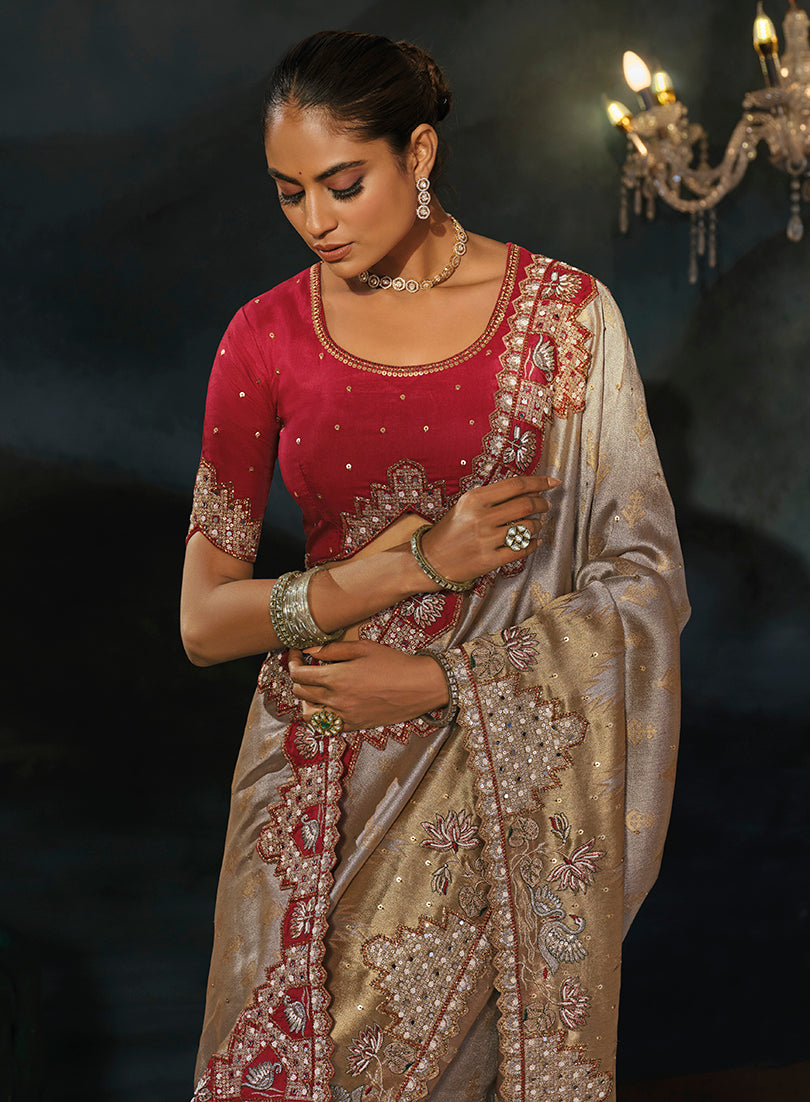 Gray Silk Blend Saree with Beaded Floral Pallu, blouse and border close-up