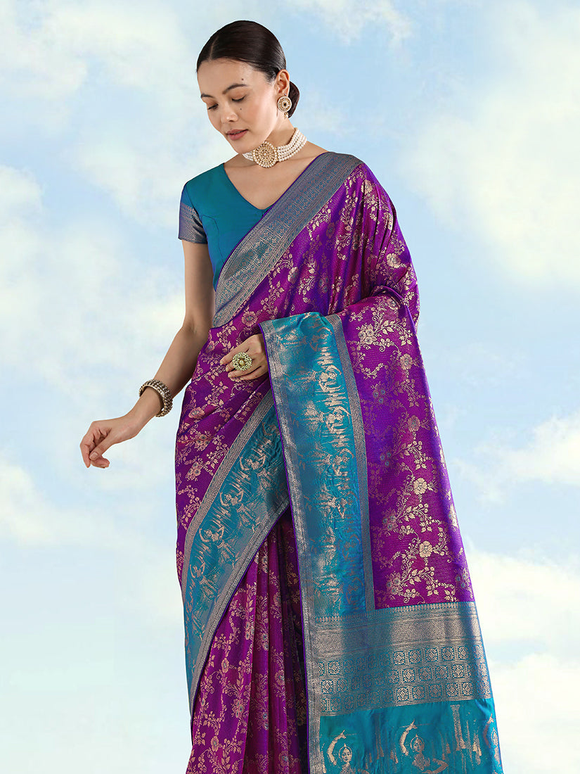 Purple Banarasi-Style Silk Blend Saree with Dancer Motif Pallu, three-quarter view
