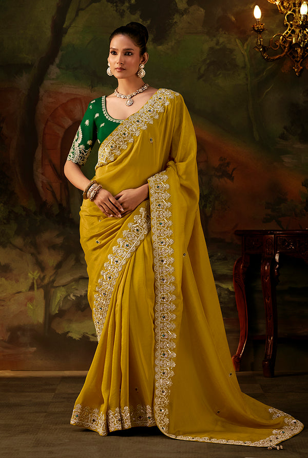 Mustard Faux Tissue Saree with Embroidered Scalloped Border, front