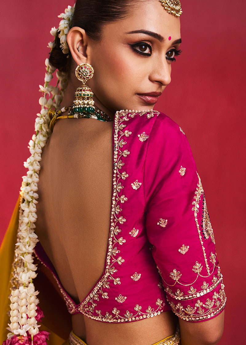 Mustard Yellow Silk Blend Saree with Rani Pink Blouse, blouse back