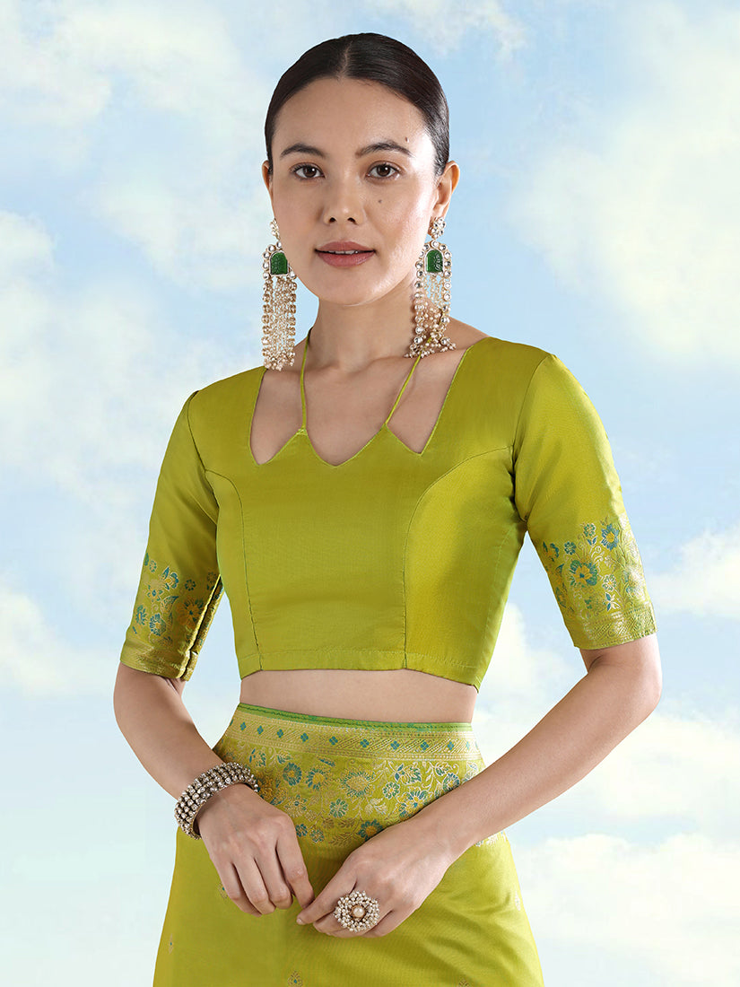 Light Green Banarasi-Style Satin Saree with Peacock Pallu, blouse front