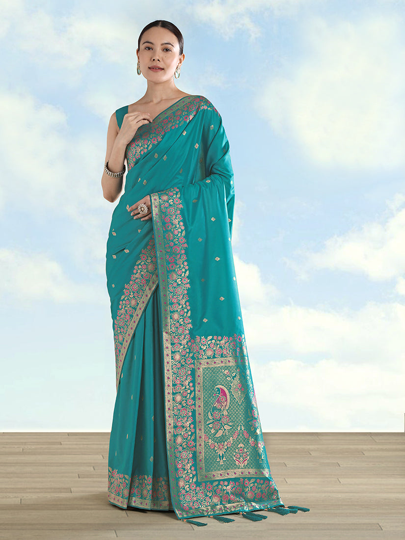 Turquoise Banarasi-Style Satin Saree with Peacock Pallu, front drape