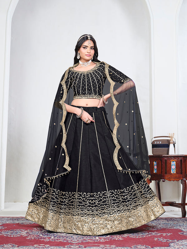 Black Art Silk Embroidered Lehenga Choli, front