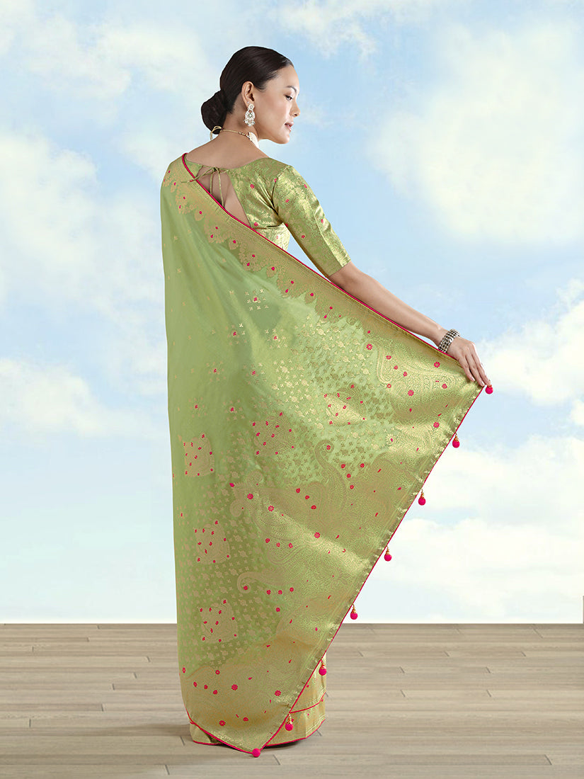 Parrot Green Tissue Silk Saree with Zari Paisley Pallu, back with pallu