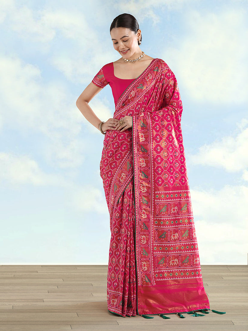 Rani Pink Patola-Style Satin Saree with Elephant Motifs, front drape