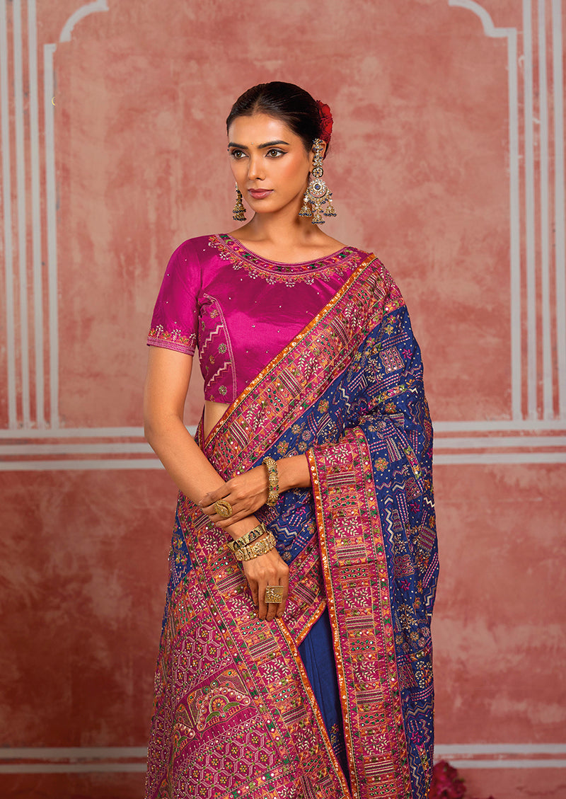 Royal Blue Silk Blend Saree with Ornate Border, blouse neckline close-up