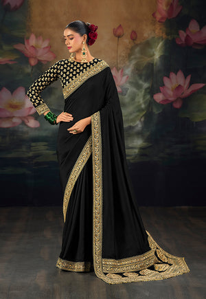 Black Silk Blend Saree with Zari Scrollwork