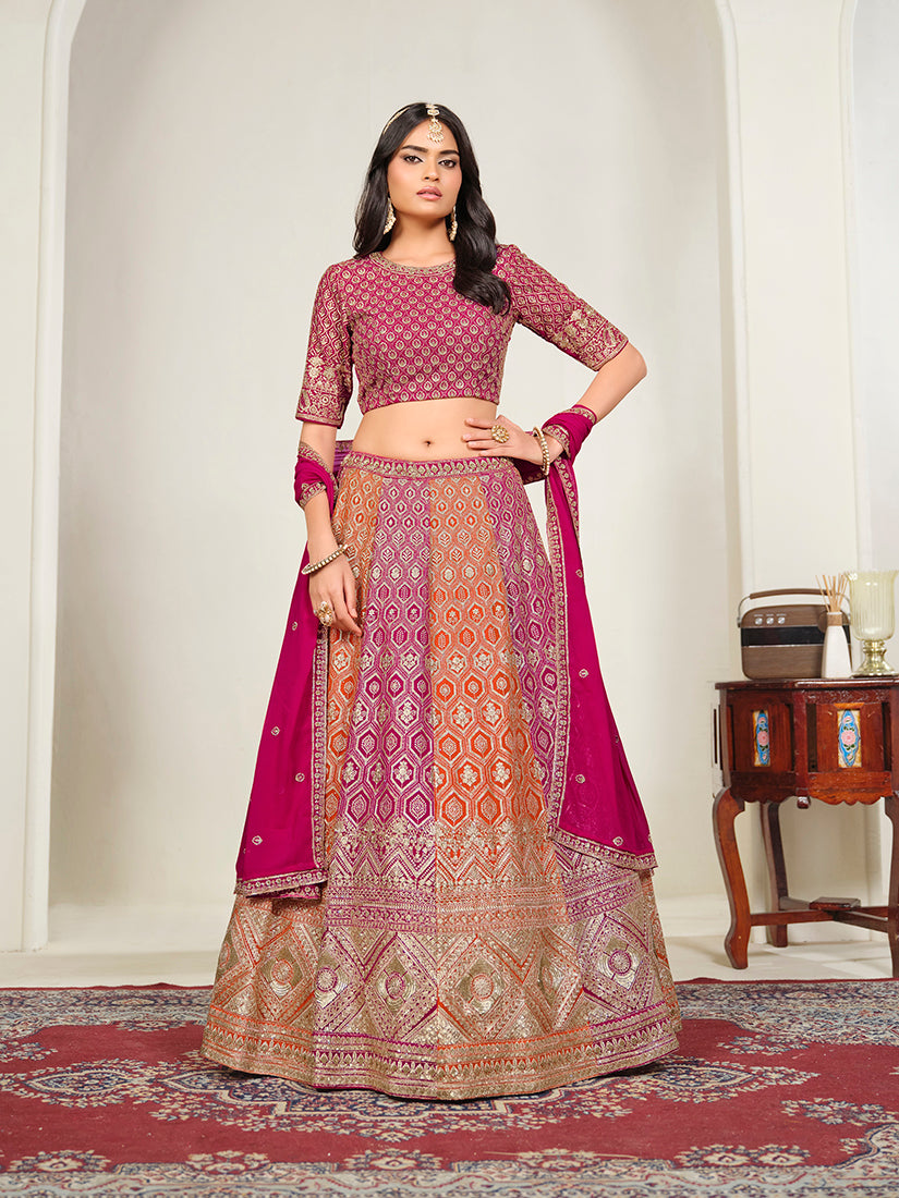 Rani Pink Georgette Embroidered Lehenga Choli, front