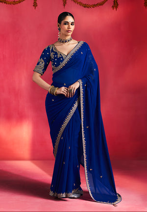 Royal Blue Silk Blend Saree with Embroidered Blouse