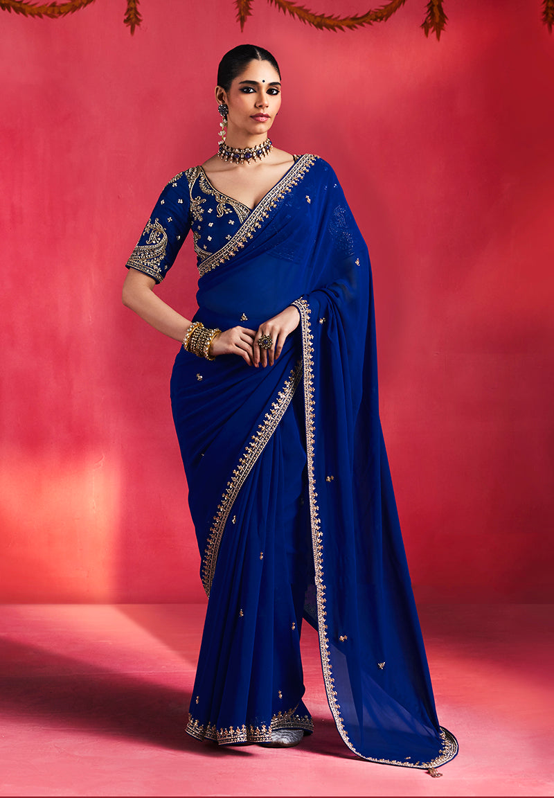 Royal Blue Silk Blend Saree with Embroidered Blouse, front
