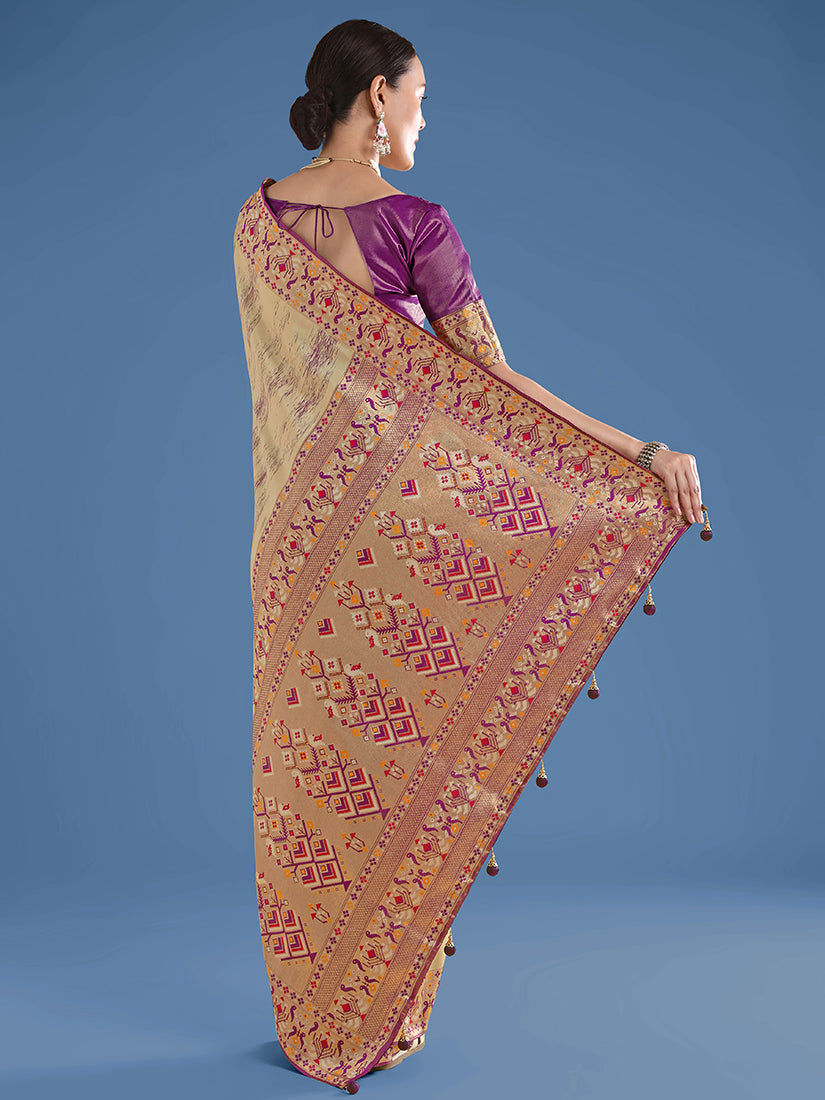 Beige Paithani-Style Tissue Silk Saree with Contrast Border, back with pallu