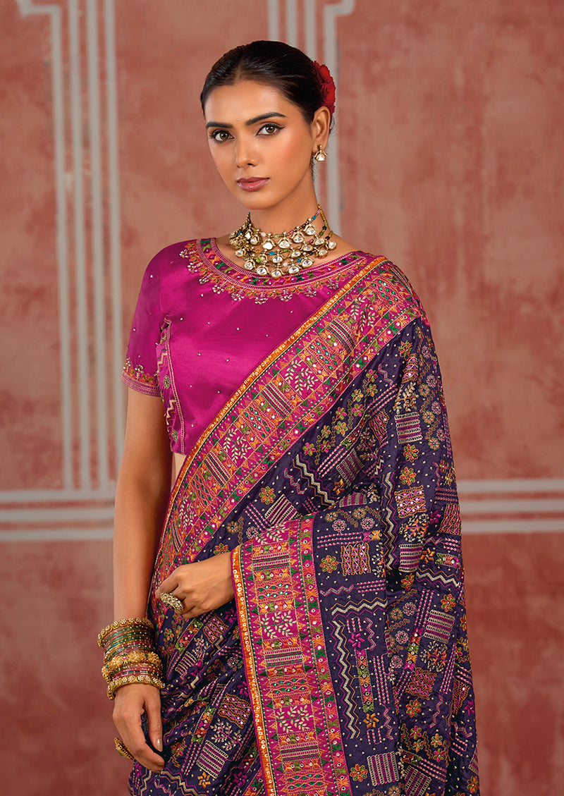 Navy Blue Silk Blend Saree with Embroidered Border, blouse neckline close-up