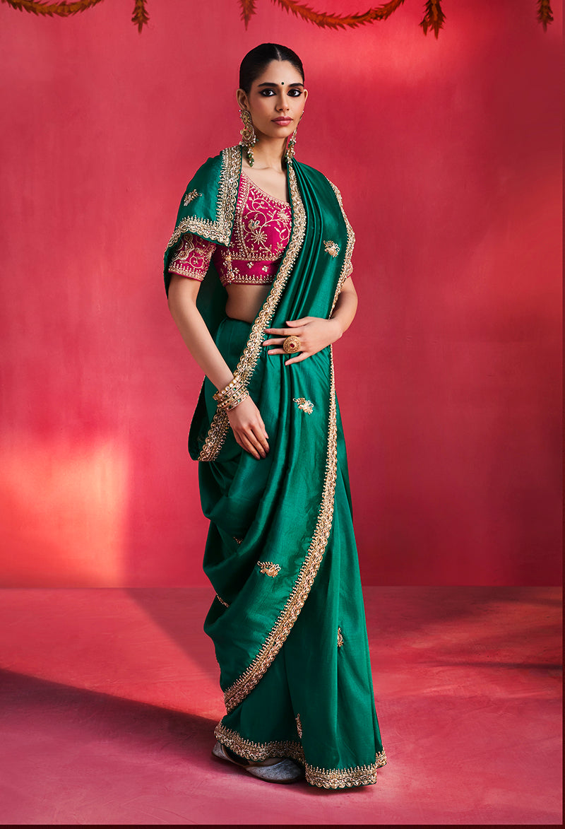 Bottle Green Silk Blend Saree with Rani Pink Blouse, front drape