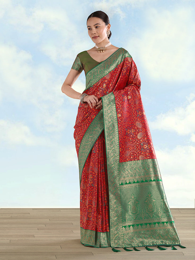 Red Banarasi-Style Silk Blend Saree with Paisley Weave, front drape