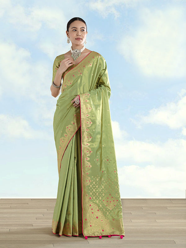 Parrot Green Tissue Silk Saree with Zari Paisley Pallu, front