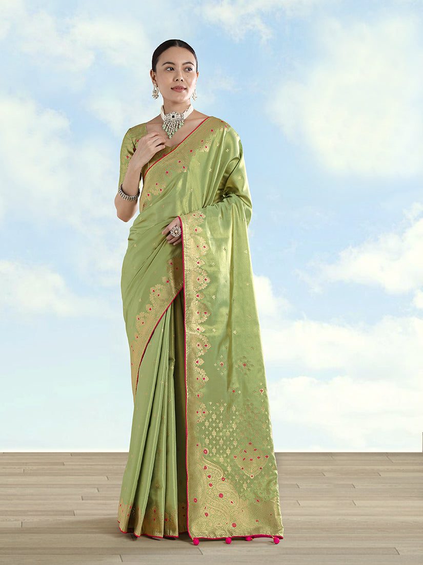 Parrot Green Tissue Silk Saree with Zari Paisley Pallu, front