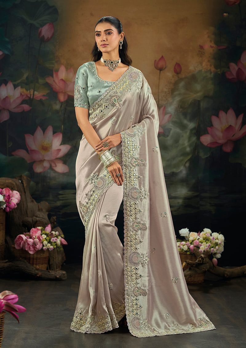 Gray Silk Blend Saree with Embroidered Sequin Border, front