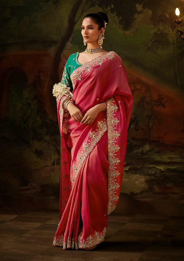 Pink Faux Tissue Saree with Embroidered Scalloped Border, front