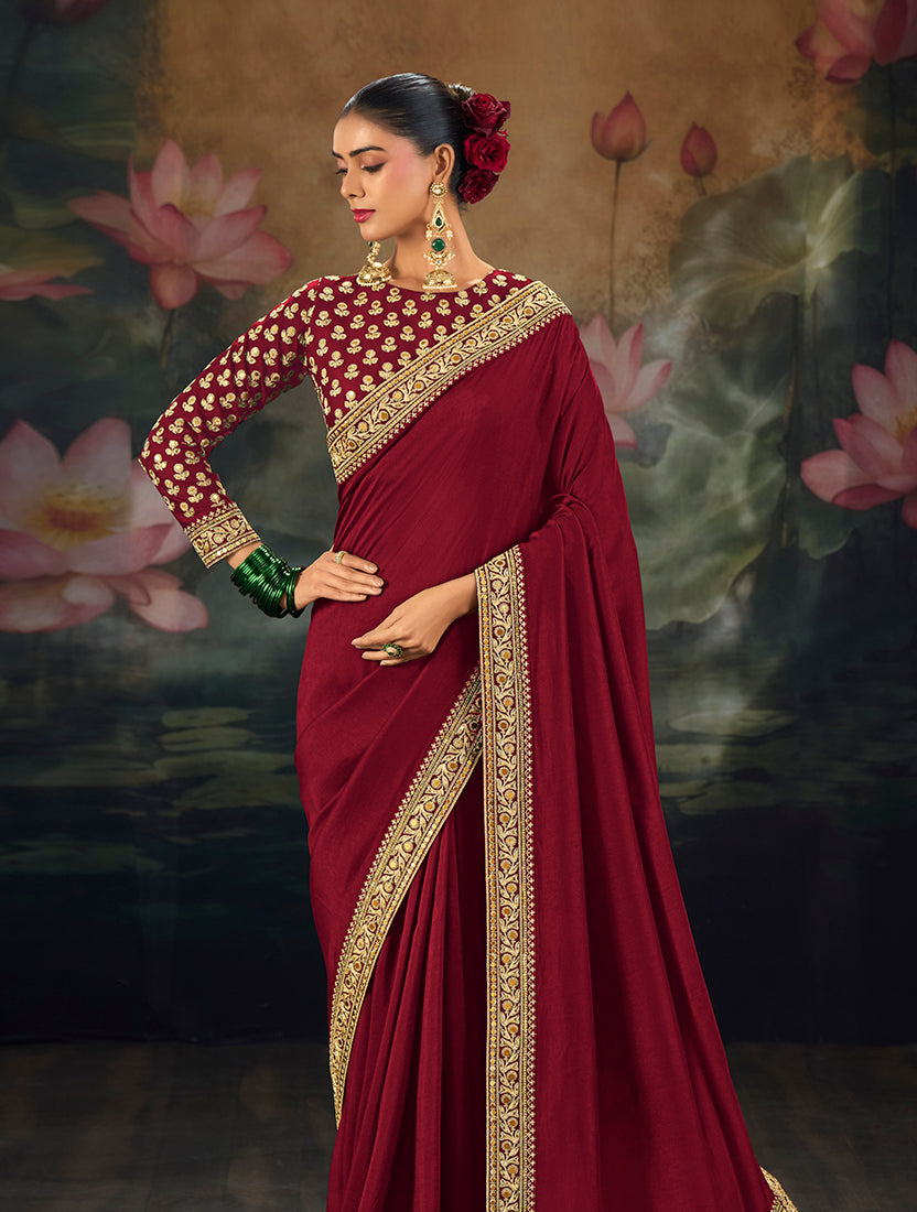 Maroon Silk Blend Saree with Zari Border, side drape