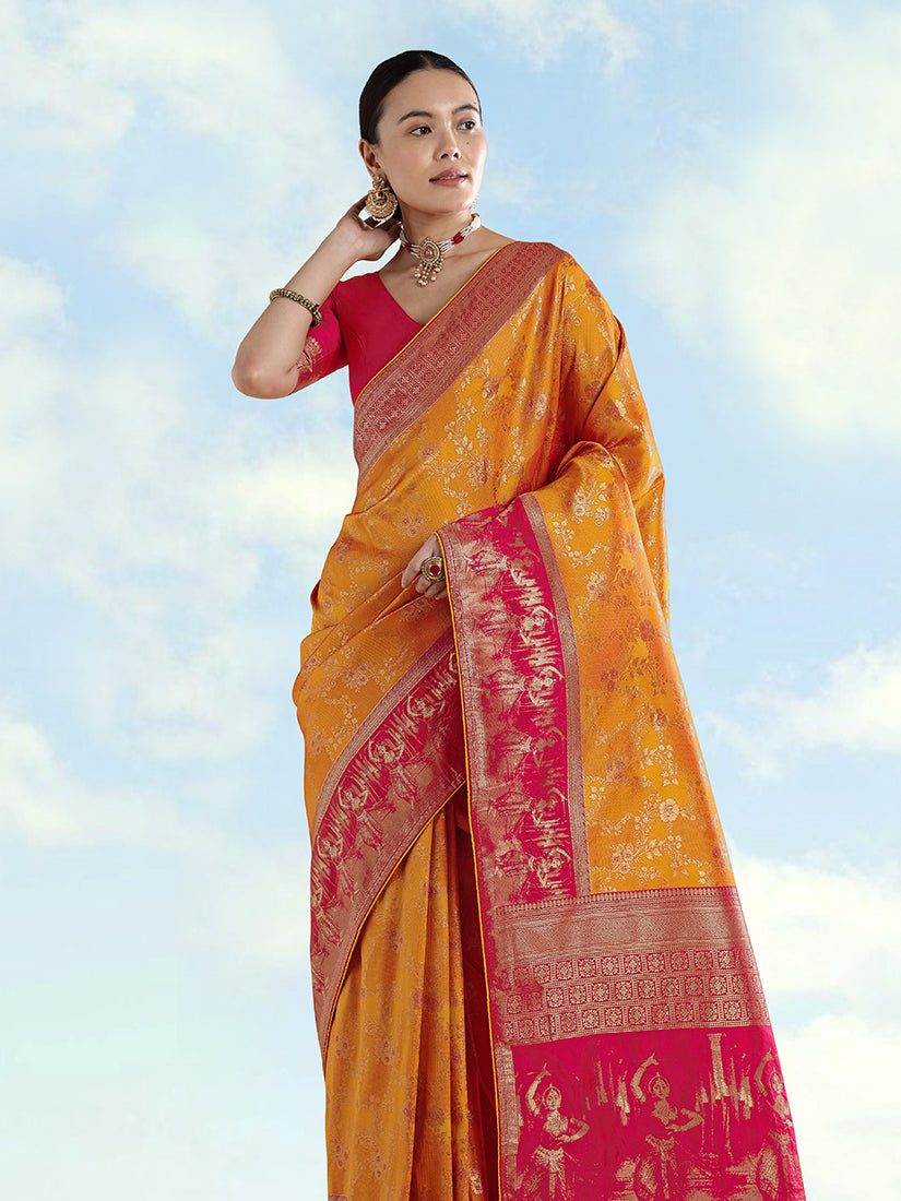 Orange Banarasi-Style Silk Blend Saree with Dancer Motif Pallu, three-quarter view