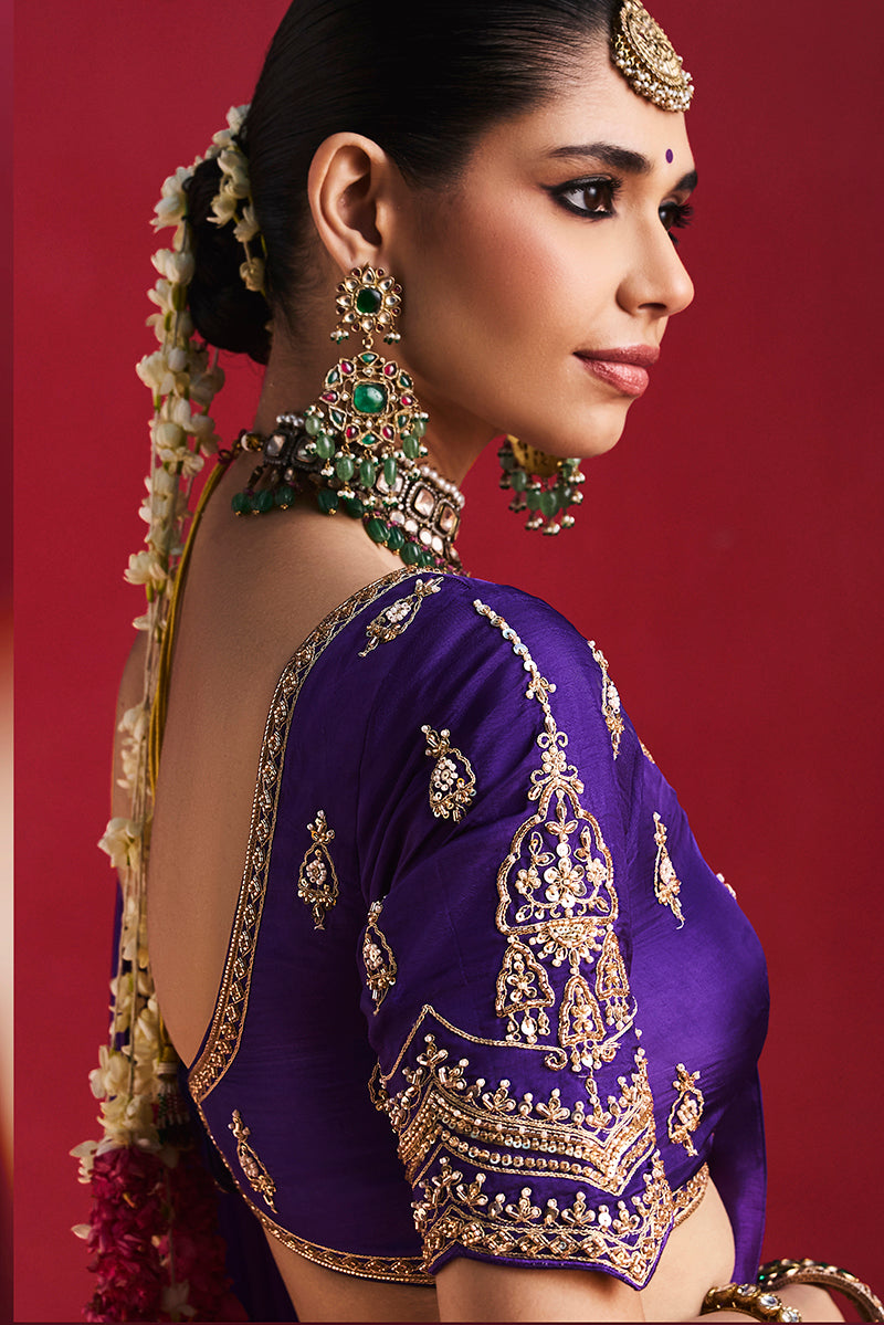 Purple Silk Blend Saree with Embroidered Blouse, blouse back