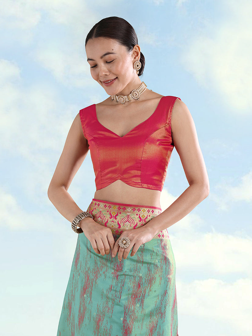 Sky Blue Paithani-Style Tissue Silk Saree with Contrast Border, blouse front