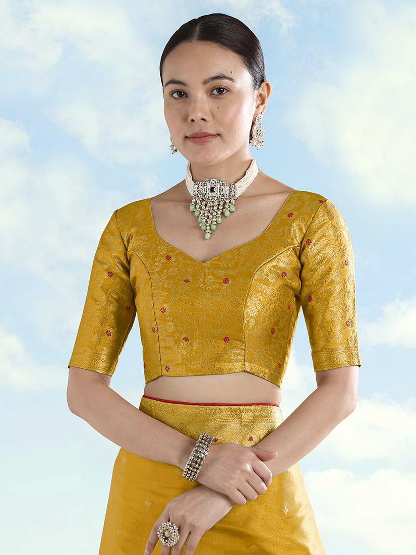 Mustard Tissue Silk Saree with Zari Paisley Pallu, blouse front