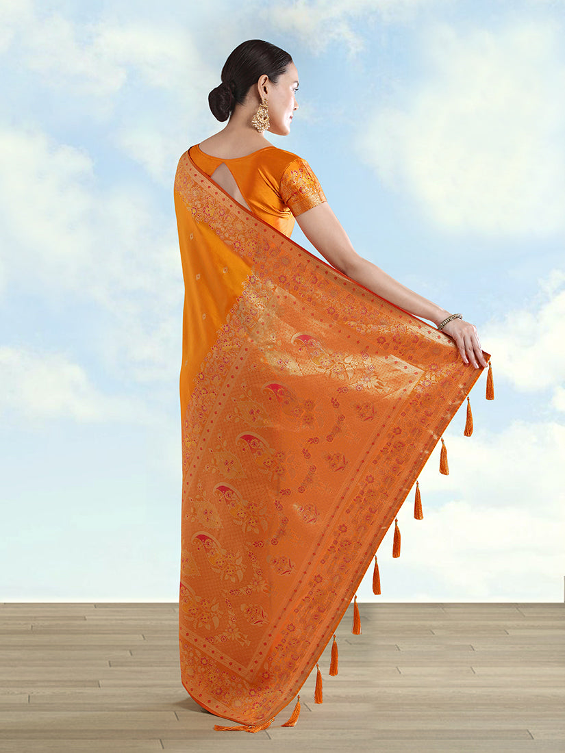 Orange Banarasi-Style Satin Saree with Peacock Pallu, back with pallu