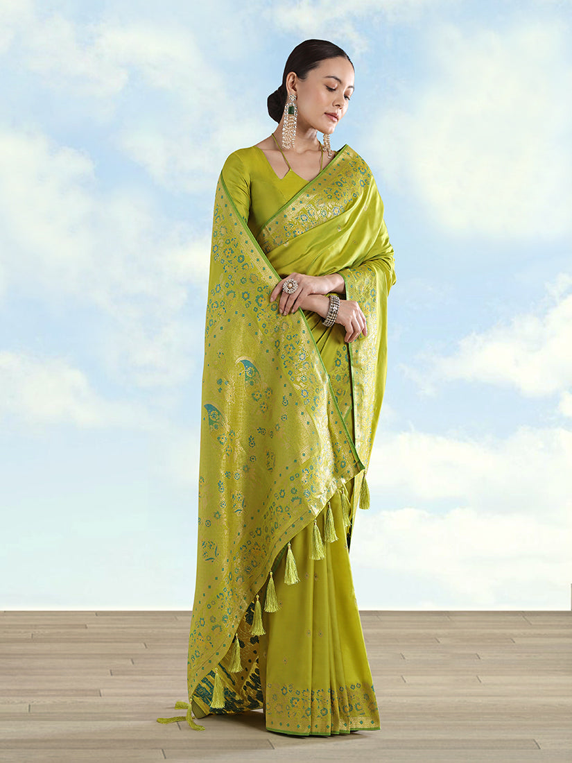Light Green Banarasi-Style Satin Saree with Peacock Pallu, front drape