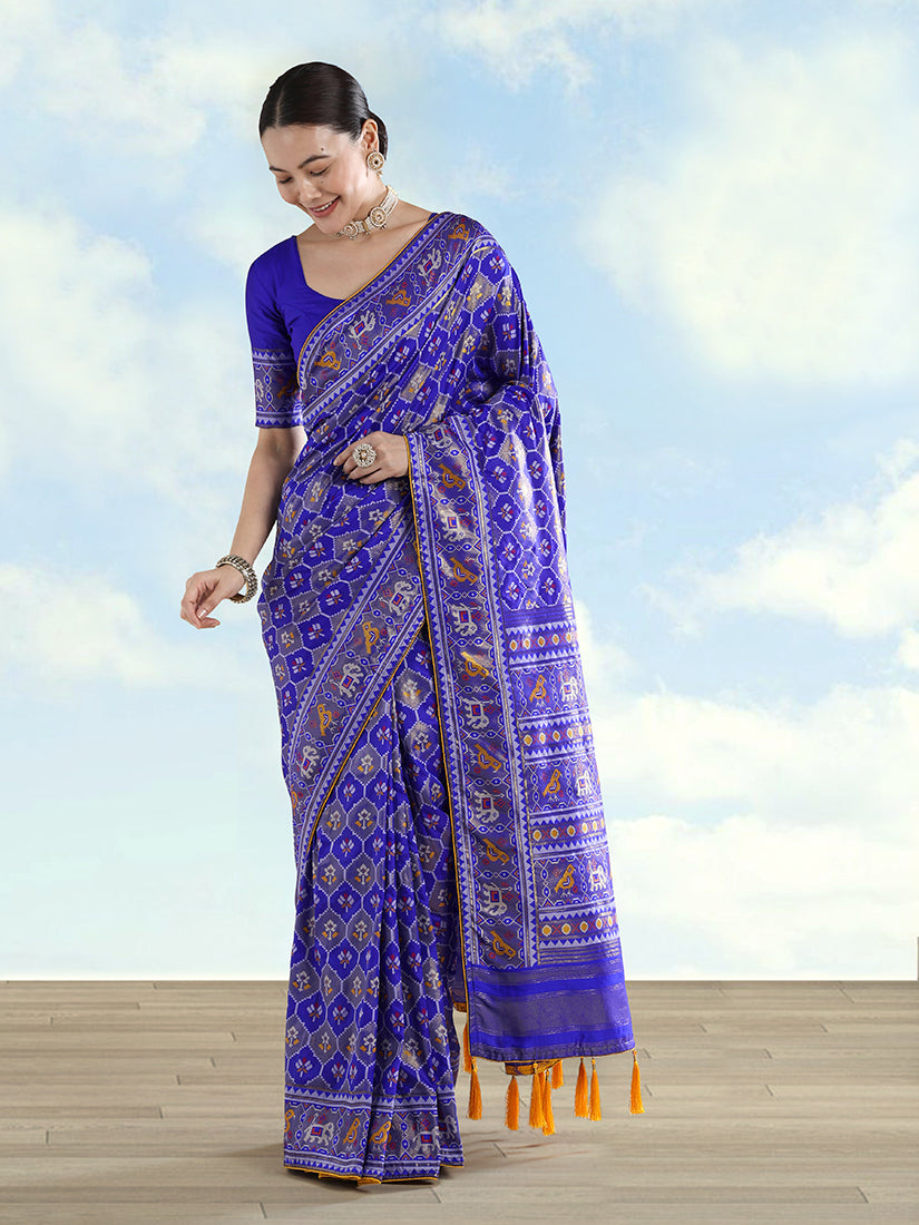 Navy Blue Patola-Style Satin Saree with Elephant Motifs, front drape