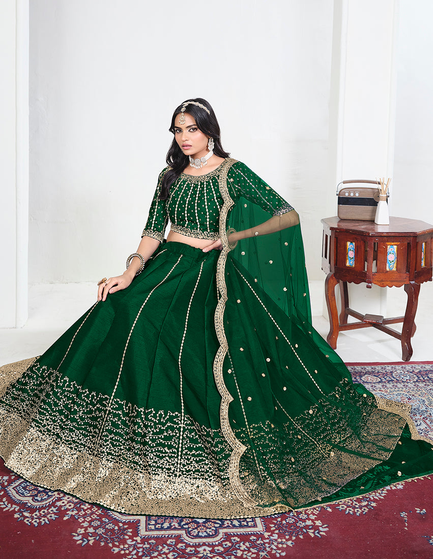 Green Art Silk Embroidered Lehenga Choli, seated view