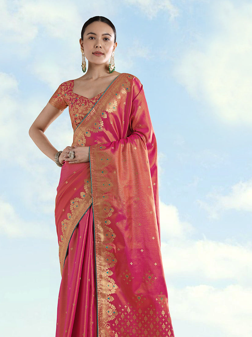 Red Tissue Silk Saree with Zari Paisley Pallu, three-quarter view