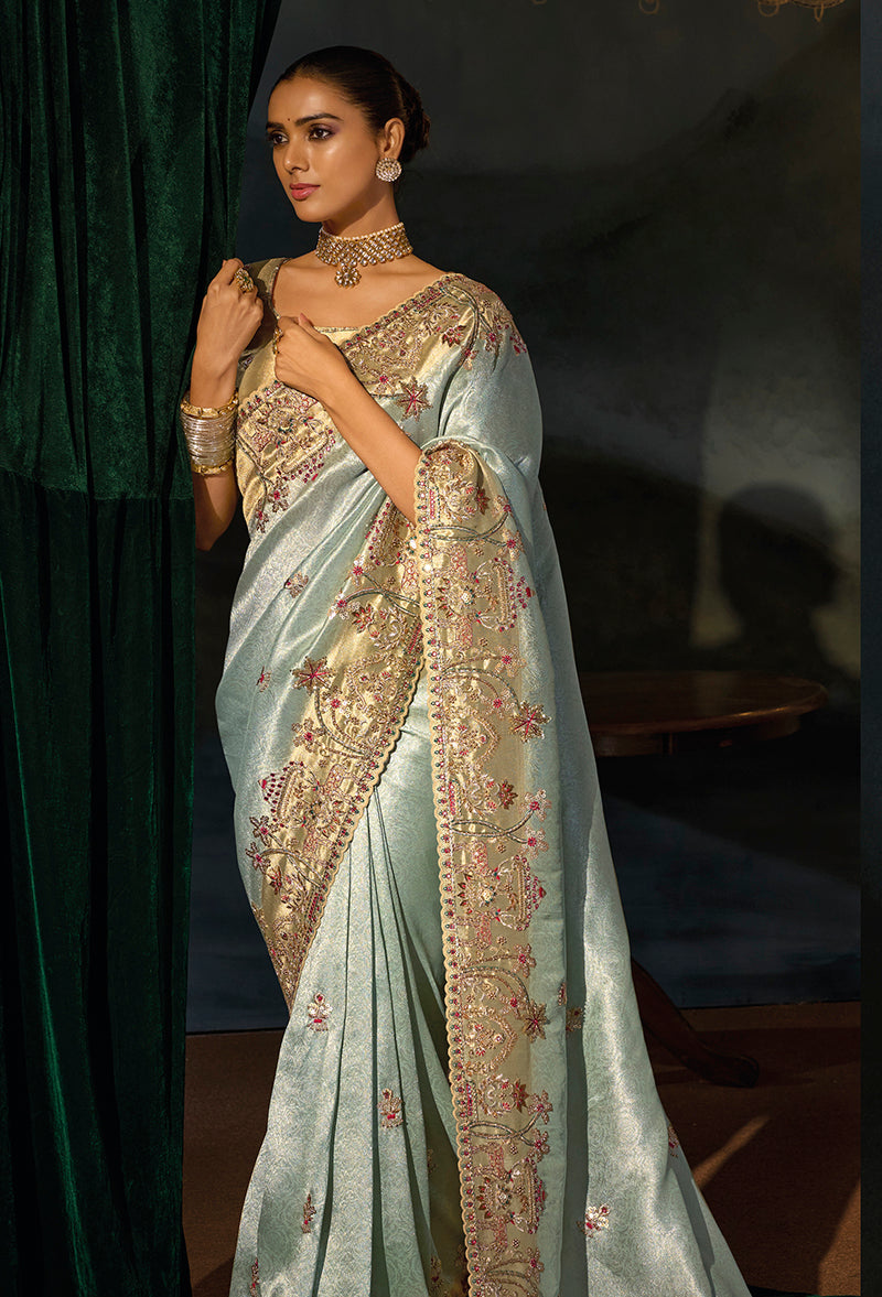 Sky Blue Silk Blend Saree with Heavy Embroidered Pallu, side drape
