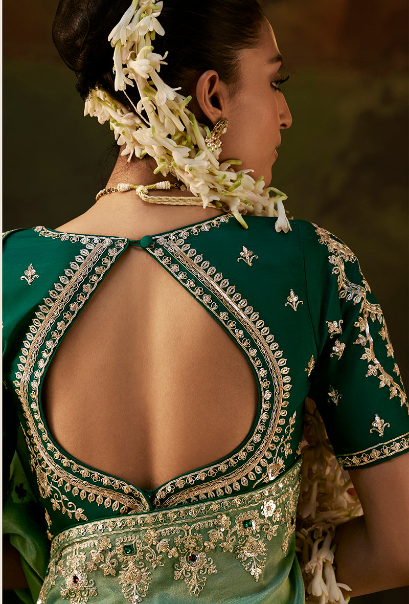 Pista Green Faux Tissue Saree with Embroidered Scalloped Border, blouse back