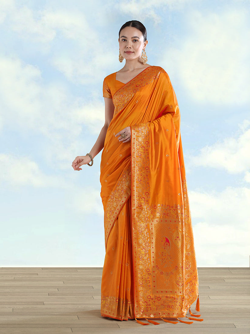 Orange Banarasi-Style Satin Saree with Peacock Pallu, front