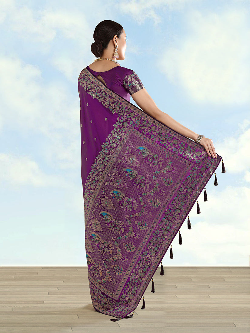 Purple Banarasi-Style Satin Saree with Peacock Pallu, back with pallu