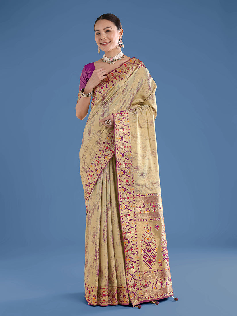 Beige Paithani-Style Tissue Silk Saree with Contrast Border, front drape