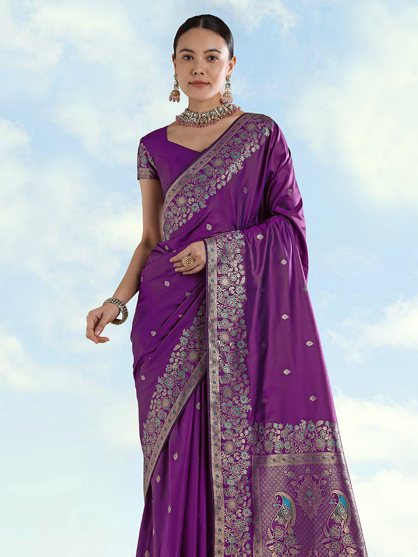 Purple Banarasi-Style Satin Saree with Peacock Pallu, three-quarter view