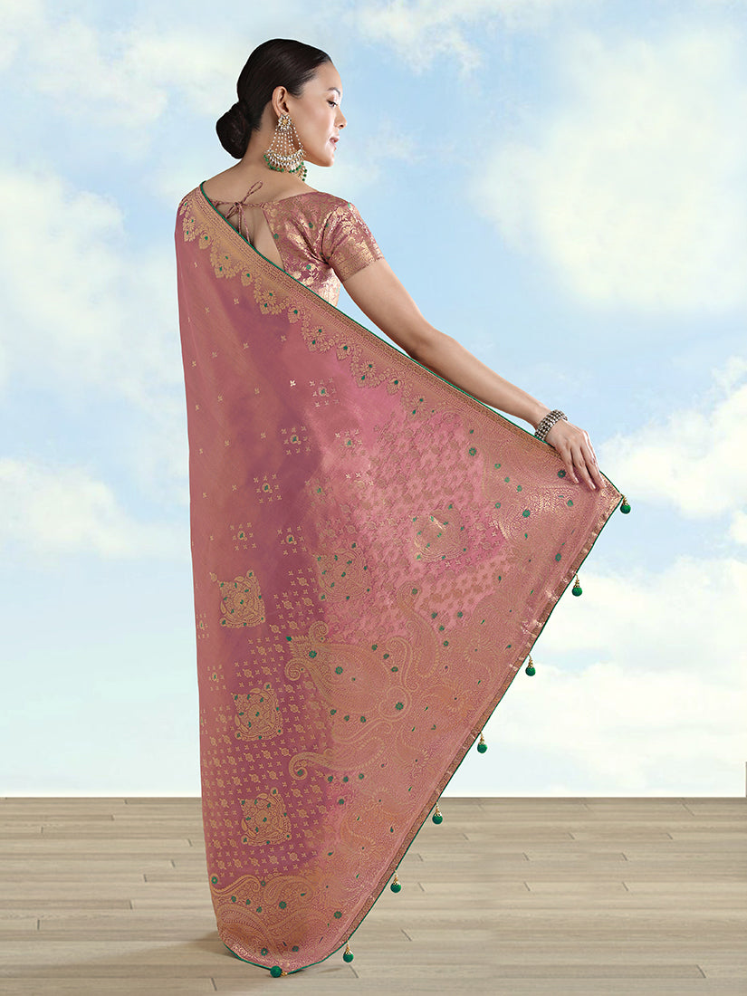 Light Pink Tissue Silk Saree with Zari Paisley Pallu, back with pallu