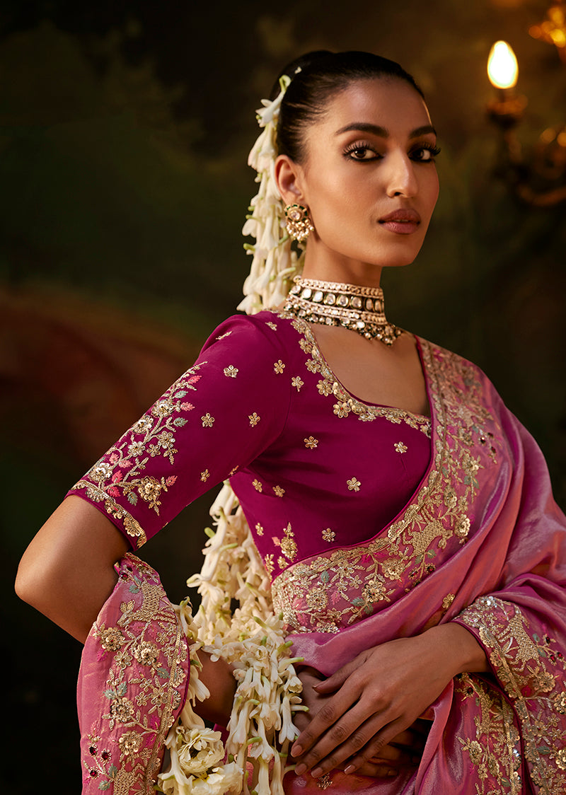 Onion Pink Faux Tissue Saree with Embroidered Scalloped Border, blouse front