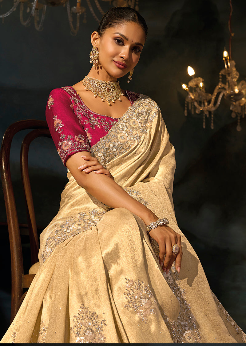 Beige Silk Blend Saree with Scattered Floral Motifs, blouse and pallu close-up