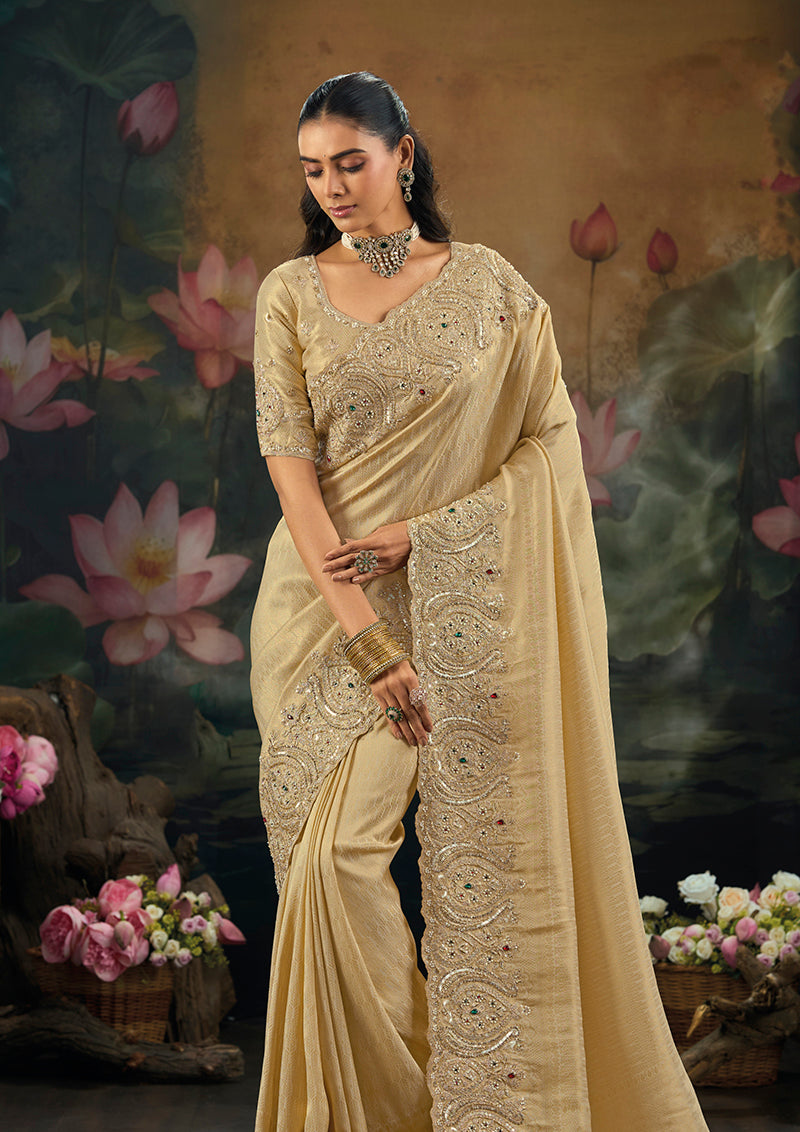 Beige Kanjivaram-Style Silk Saree with Embroidered Border, side drape