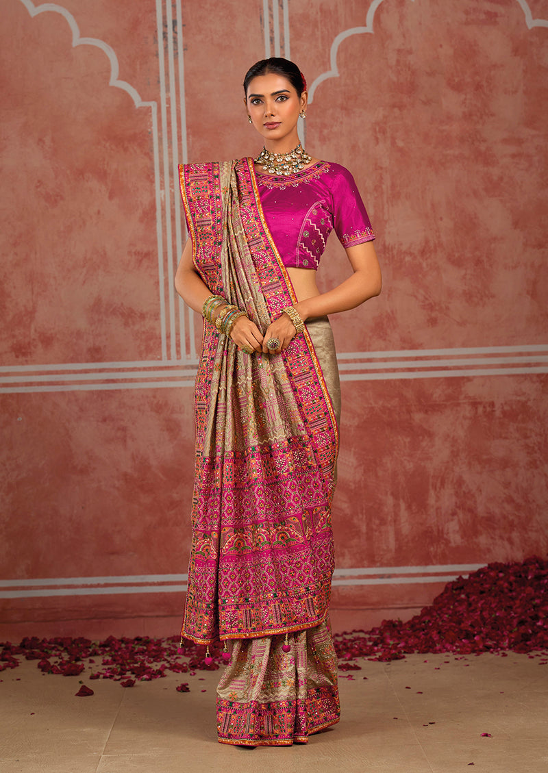 Beige Silk Blend Saree with Floral Sprigs, blouse embroidery close-up