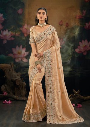 Peach Kanjivaram-Style Silk Saree with Embroidered Pallu