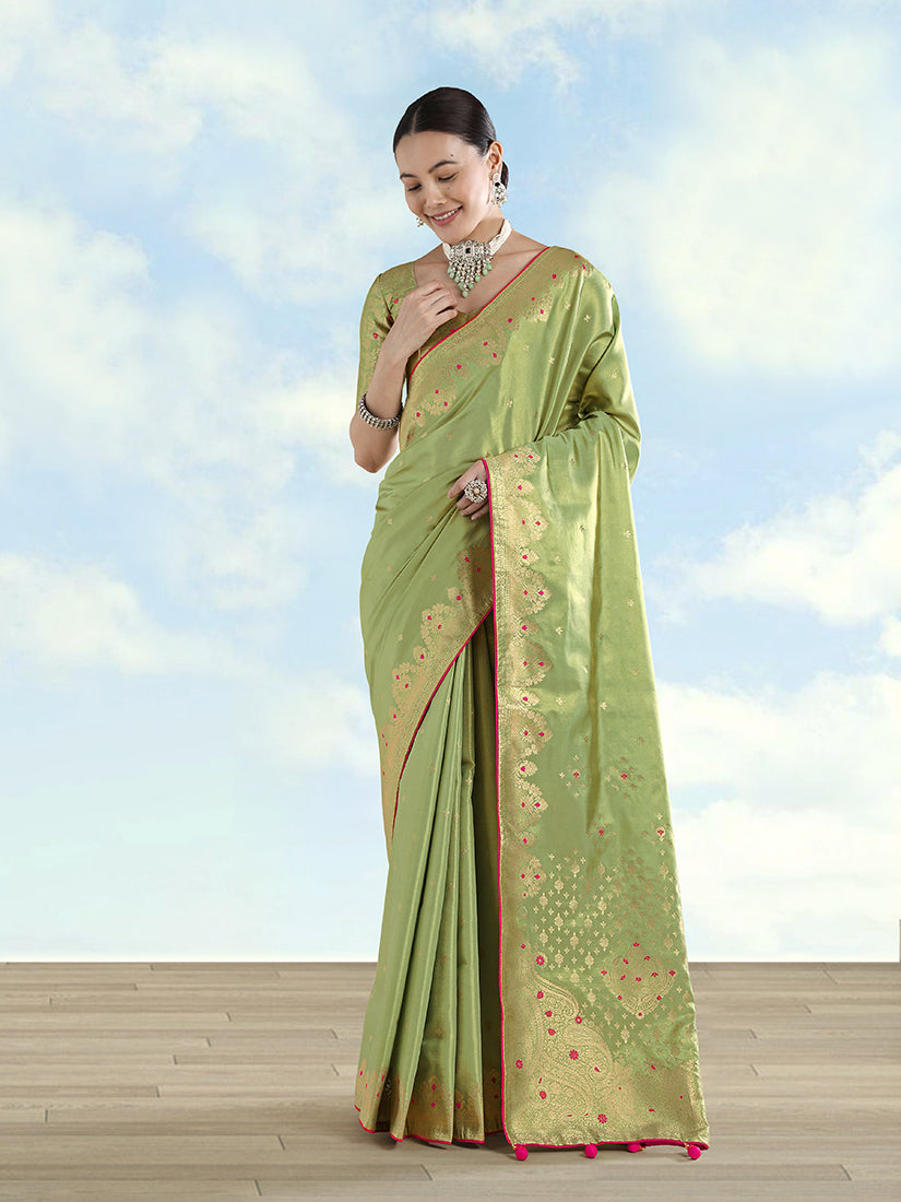 Parrot Green Tissue Silk Saree with Zari Paisley Pallu, front drape