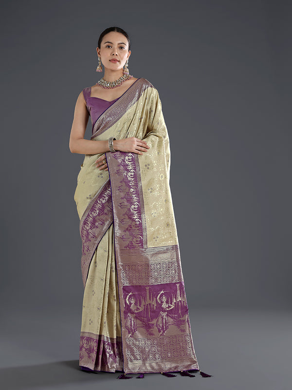 Cream Banarasi-Style Silk Blend Saree with Dancer Motif Pallu, front